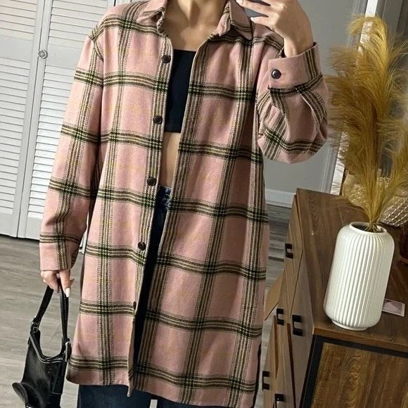 NWOT Wild Fable Womens Plaid Button Front Wool Blend Long Shacket Pink Medium - Picture 9 of 14